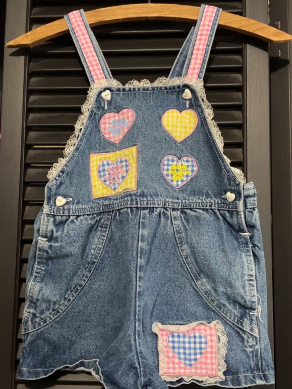 Vintage Flossy Girls Denim Shortalls Romper Hearts Lace Gingham Size 6